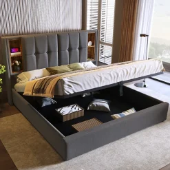 Lit 180x200 cm coffre de rangement avec tête de lit charge sans fil, tapissé coton gris