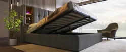 Lit 180x200 cm coffre de rangement avec tête de lit charge sans fil, tapissé coton gris