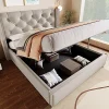 Lit 160x200 cm coffre de rangement avec sommier relevable et tête de lit tapissée en coton gris clair