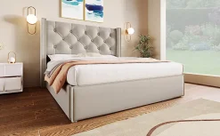 Lit 160x200 cm coffre de rangement avec sommier relevable et tête de lit tapissée en coton gris clair