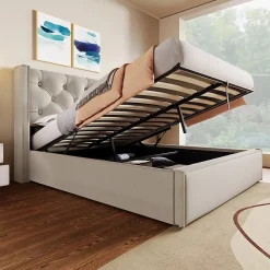 Lit 160x200 cm coffre de rangement avec sommier relevable et tête de lit tapissée en coton gris clair