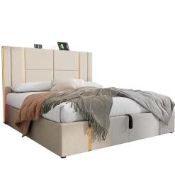 Lit 180x200 cm coffre de rangement et sommier relevable, tapissé lin beige, ports USB/Type-C, éclairage LED