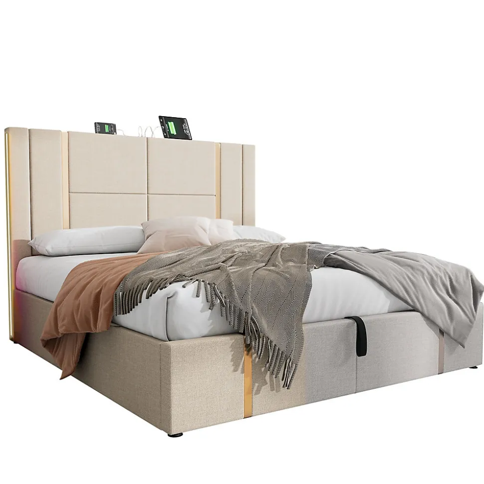 Lit 180x200 cm coffre de rangement et sommier relevable, tapissé lin beige, ports USB/Type-C, éclairage LED