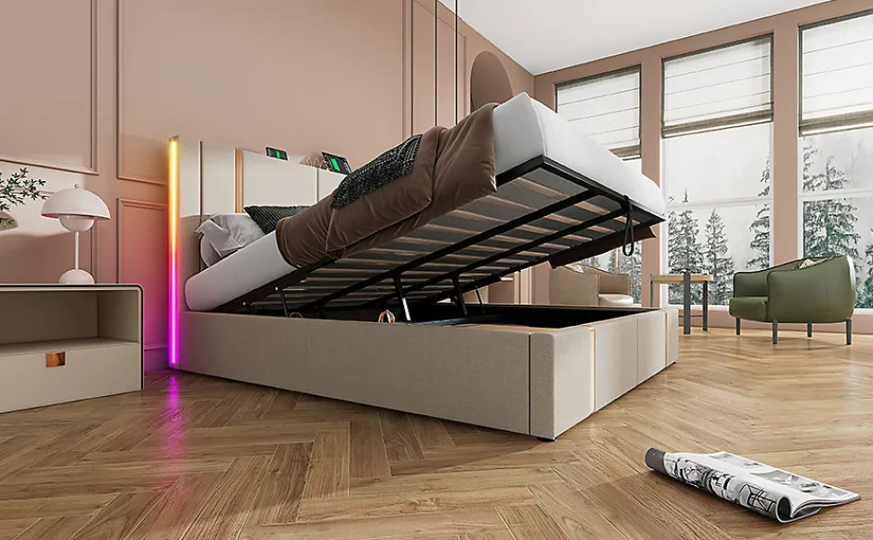 Lit 180x200 cm coffre de rangement et sommier relevable, tapissé lin beige, ports USB/Type-C, éclairage LED