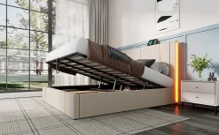 Lit 180x200 cm coffre de rangement et sommier relevable, tapissé lin beige, ports USB/Type-C, éclairage LED