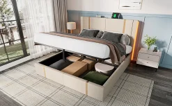 Lit 180x200 cm coffre de rangement et sommier relevable, tapissé lin beige, ports USB/Type-C, éclairage LED