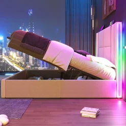 Lit 180x200 cm coffre de rangement et sommier relevable, tapissé lin beige, ports USB/Type-C, éclairage LED