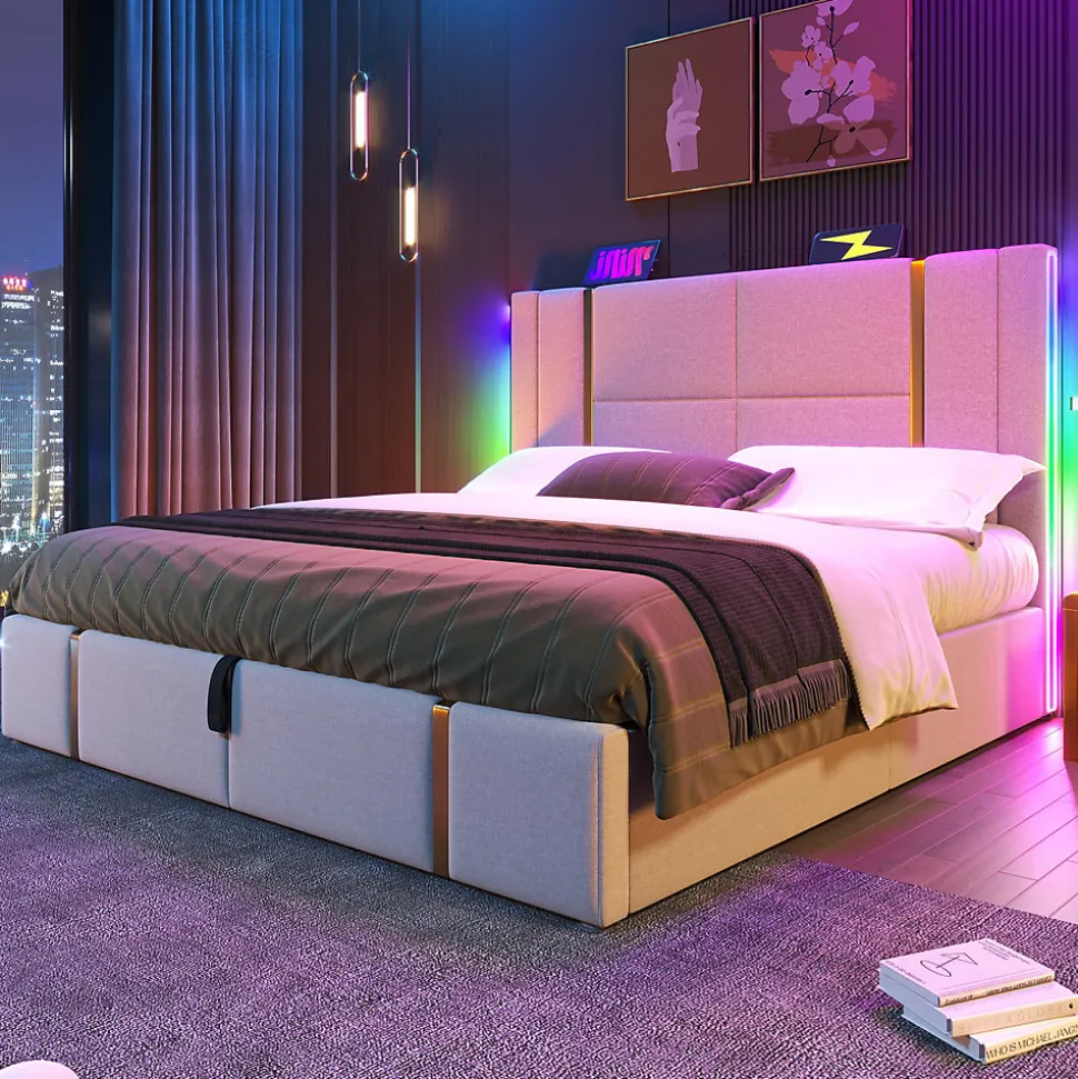Lit 180x200 cm coffre de rangement et sommier relevable, tapissé lin beige, ports USB/Type-C, éclairage LED