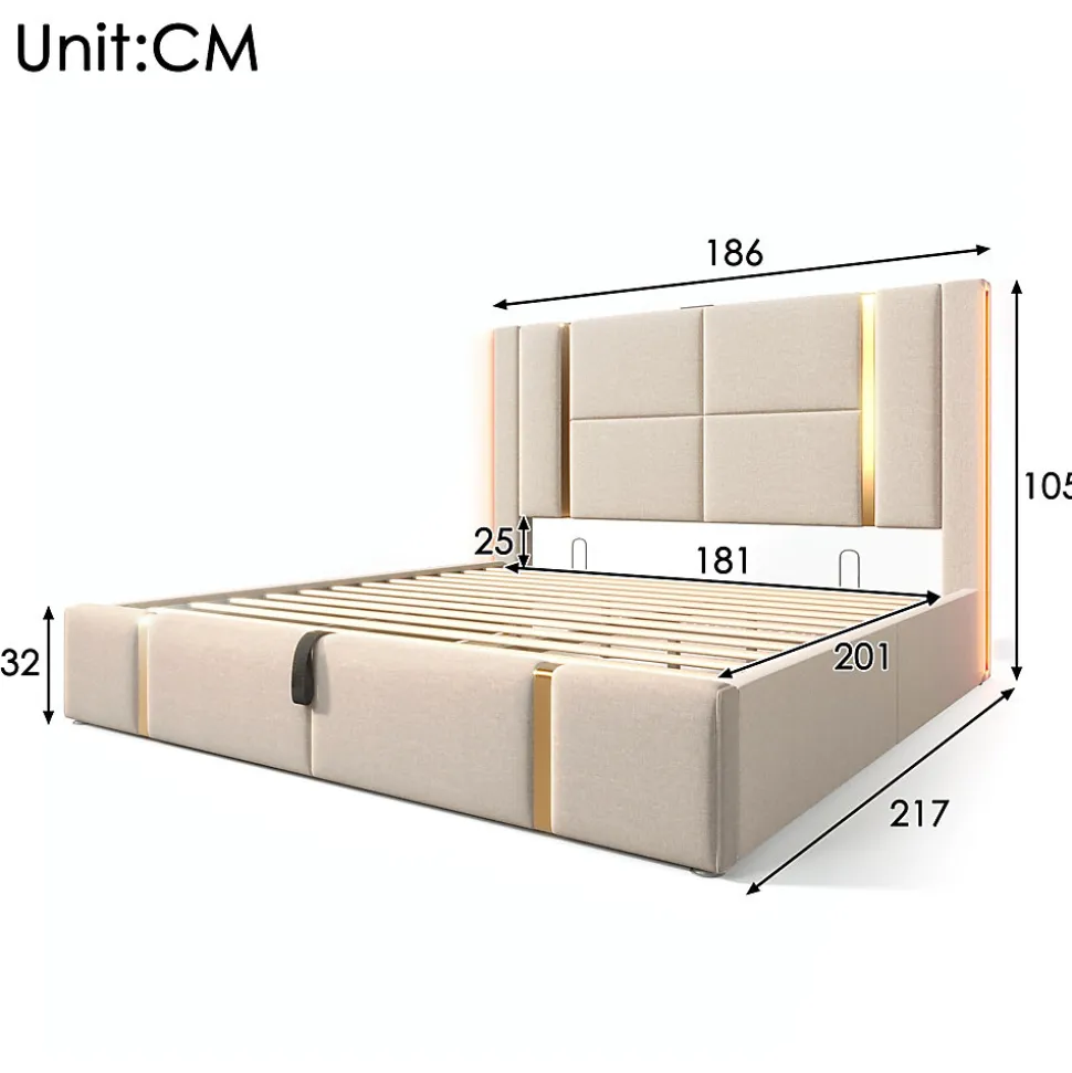 Lit 180x200 cm coffre de rangement et sommier relevable, tapissé lin beige, ports USB/Type-C, éclairage LED