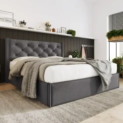 Lit 160x200 cm coffre de rangement avec sommier relevable et tête de lit capitonnée en tissu coton gris