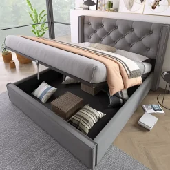 Lit 160x200 cm coffre de rangement avec sommier relevable et tête de lit capitonnée en tissu coton gris