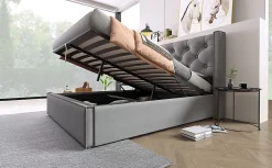 Lit 160x200 cm coffre de rangement avec sommier relevable et tête de lit capitonnée en tissu coton gris
