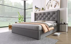 Lit 160x200 cm coffre de rangement avec sommier relevable et tête de lit capitonnée en tissu coton gris