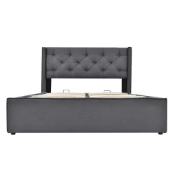 Lit 160x200 cm coffre de rangement avec sommier relevable et tête de lit capitonnée en tissu coton gris