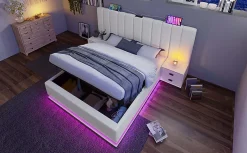 Lit 180x200 cm coffre de rangement hydraulique LED 360 pilotable revêtement PU blanc ports USB Type C