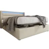 Lit 160x200 cm coffre de rangement avec sommier relevable, tête de lit LED tapissée PU blanc, style contemporain