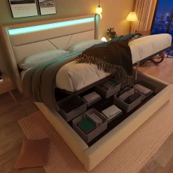 Lit 160x200 cm coffre de rangement avec sommier relevable, tête de lit LED tapissée PU blanc, style contemporain