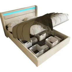Lit 160x200 cm coffre de rangement avec sommier relevable, tête de lit LED tapissée PU blanc, style contemporain