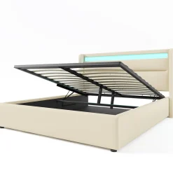 Lit 160x200 cm coffre de rangement avec sommier relevable, tête de lit LED tapissée PU blanc, style contemporain