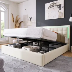 Lit 140x200 cm coffre de rangement avec sommier relevable, tête de lit capitonnée en PU et éclairage LED
