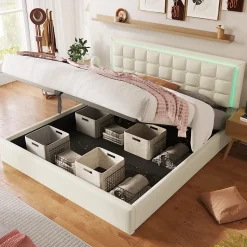 Lit 140x200 cm coffre de rangement avec sommier relevable, tête de lit capitonnée en PU et éclairage LED