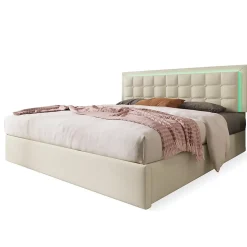 Lit 140x200 cm coffre de rangement avec sommier relevable, tête de lit capitonnée en PU et éclairage LED