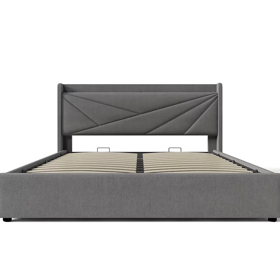 Lit 160x200 cm coffre de rangement avec ports USB et Type C, tete geometrique tapissee lin coton, cadre metal