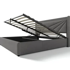 Lit 160x200 cm coffre de rangement avec ports USB et Type C, tete geometrique tapissee lin coton, cadre metal