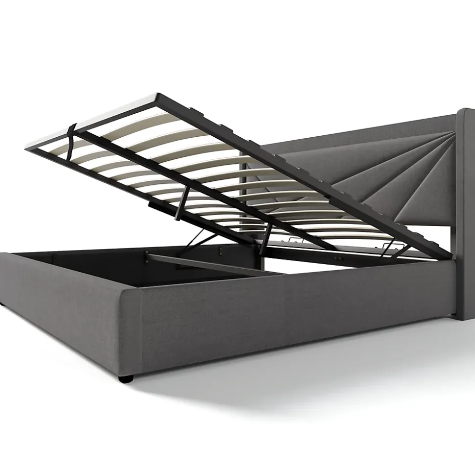 Lit 160x200 cm coffre de rangement avec ports USB et Type C, tete geometrique tapissee lin coton, cadre metal