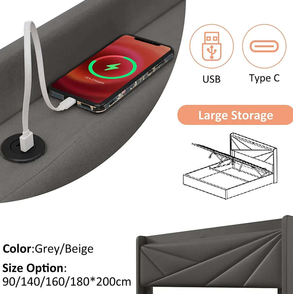 Lit 160x200 cm coffre de rangement avec ports USB et Type C, tete geometrique tapissee lin coton, cadre metal