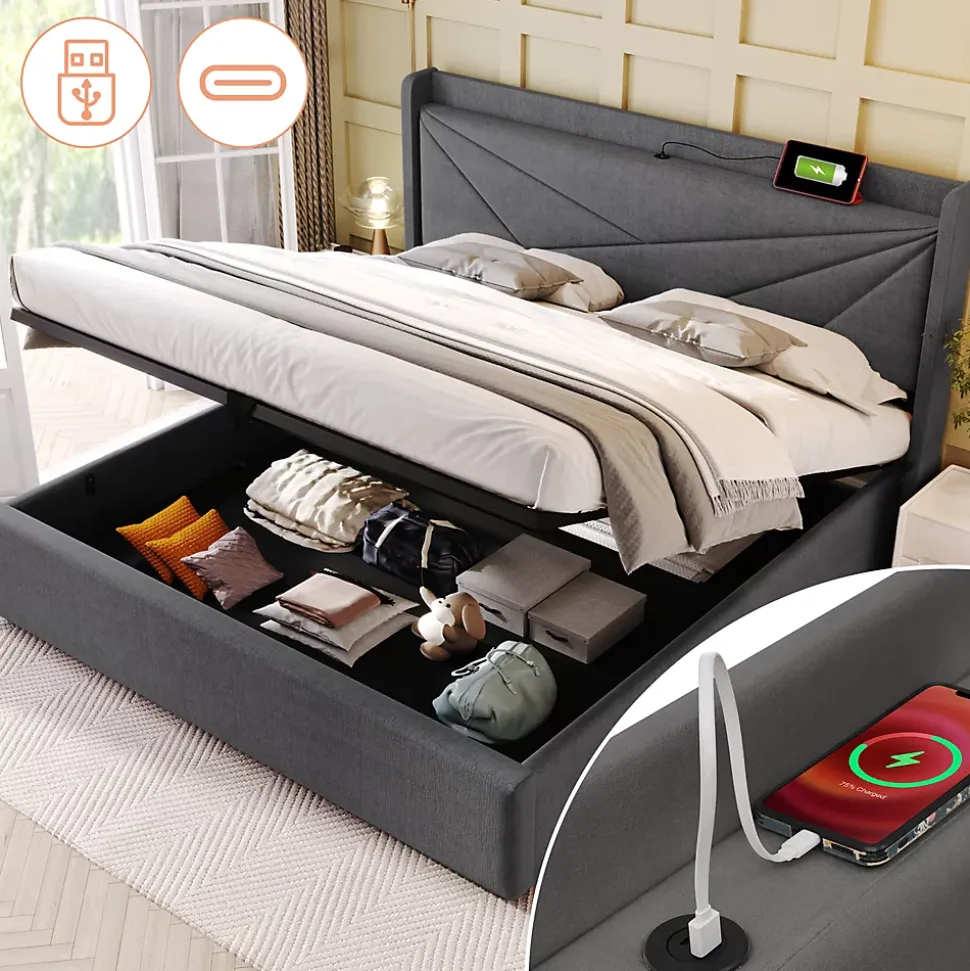 Lit 160x200 cm coffre de rangement avec ports USB et Type C, tete geometrique tapissee lin coton, cadre metal