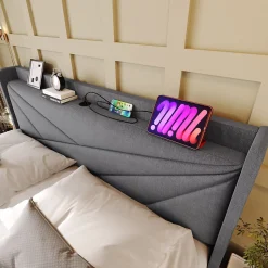 Lit 160x200 cm coffre de rangement avec ports USB et Type C, tete geometrique tapissee lin coton, cadre metal