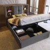 Lit 90x200 cm coffre relevable, tête de lit tapissée coton gris avec charge sans fil et ports USB