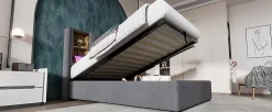 Lit 90x200 cm coffre relevable, tête de lit tapissée coton gris avec charge sans fil et ports USB