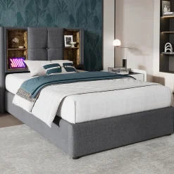 Lit 90x200 cm coffre relevable, tête de lit tapissée coton gris avec charge sans fil et ports USB