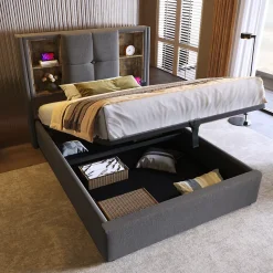 Lit 90x200 cm coffre relevable, tête de lit tapissée coton gris avec charge sans fil et ports USB