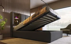 Lit 90x200 cm coffre relevable, tête de lit tapissée coton gris avec charge sans fil et ports USB