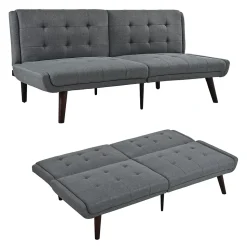 Lit 146x89 cm convertible 3-en-1 en tissu lin gris, dossier 5 positions, cadre bois et renfort métal