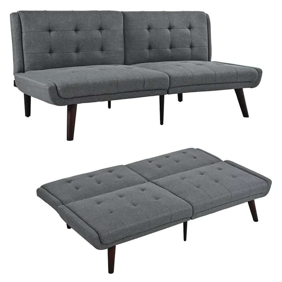 Lit 146x89 cm convertible 3-en-1 en tissu lin gris, dossier 5 positions, cadre bois et renfort métal