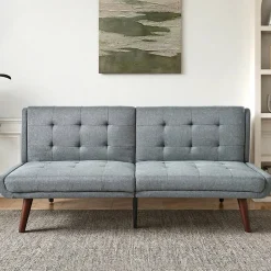 Lit 146x89 cm convertible 3-en-1 en tissu lin gris, dossier 5 positions, cadre bois et renfort métal