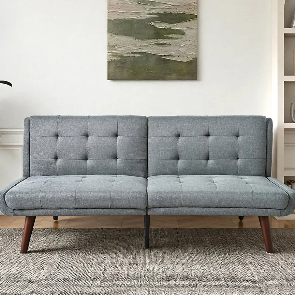 Lit 146x89 cm convertible 3-en-1 en tissu lin gris, dossier 5 positions, cadre bois et renfort métal