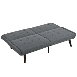 Lit 146x89 cm convertible 3-en-1 en tissu lin gris, dossier 5 positions, cadre bois et renfort métal