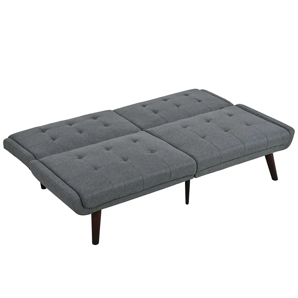 Lit 146x89 cm convertible 3-en-1 en tissu lin gris, dossier 5 positions, cadre bois et renfort métal