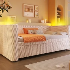 Lit 90x200 cm convertible en 180x200 cm avec revêtement velours beige et bande LED contrôlée par application