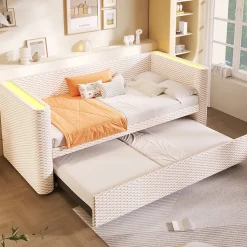 Lit 90x200 cm convertible en 180x200 cm avec revêtement velours beige et bande LED contrôlée par application