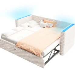 Lit 90x200 cm convertible en 180x200 cm avec revêtement velours beige et bande LED contrôlée par application