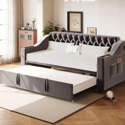 Lit 90x190 cm convertible en 180x190 cm avec rangements intégrés, accoudoirs coffre et revêtement velours gris
