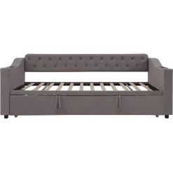 Lit 90x190 cm convertible en 180x190 cm avec rangements intégrés, accoudoirs coffre et revêtement velours gris