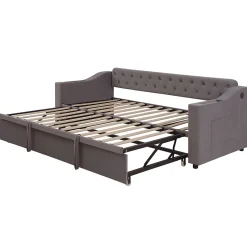 Lit 90x190 cm convertible en 180x190 cm avec rangements intégrés, accoudoirs coffre et revêtement velours gris