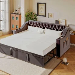 Lit 90x190 cm convertible en 180x190 cm avec rangements intégrés, accoudoirs coffre et revêtement velours gris